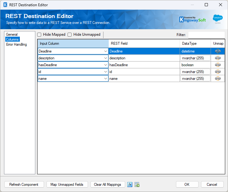 Salesforce Marketing Cloud REST Destination Component - Columns